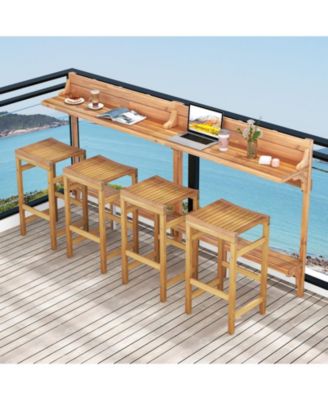 3 Pieces Patio Acacia Wood Bar Table Set with Footrest Curved Wood Seat