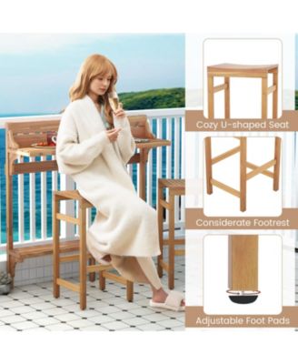 3 Pieces Patio Acacia Wood Bar Table Set with Footrest Curved Wood Seat