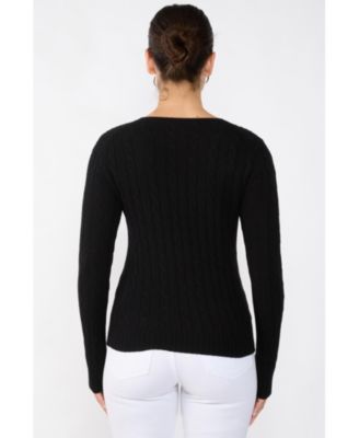 Women's 100% Cashmere Cable-knit Long Sleeve Pullover V Neck Sweater