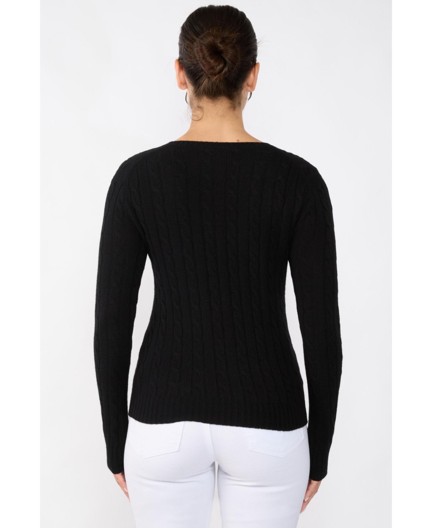 Женский свитер JENNIE LIU 100% Cashmere Cable-knit Long Sleeve Pullover V Neck, цвет: Чёрный — фото 2