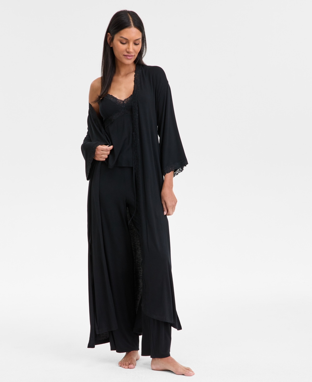 Inc International Concepts Women's Lace-trim Knit Robe, Exclusively At Macy's In Deep Black