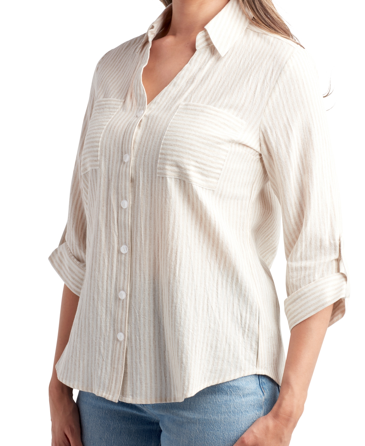 BCX JUNIORS' STRIPED COLLARED ROLL-TAB-SLEEVE SHIRT 