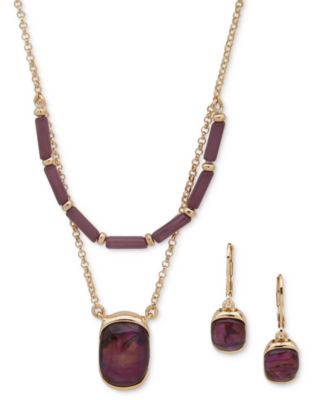 Anne Klein - Gold-Tone 2-Pc. Set Purple Stone Layered Necklace & Matching Drop Earrings