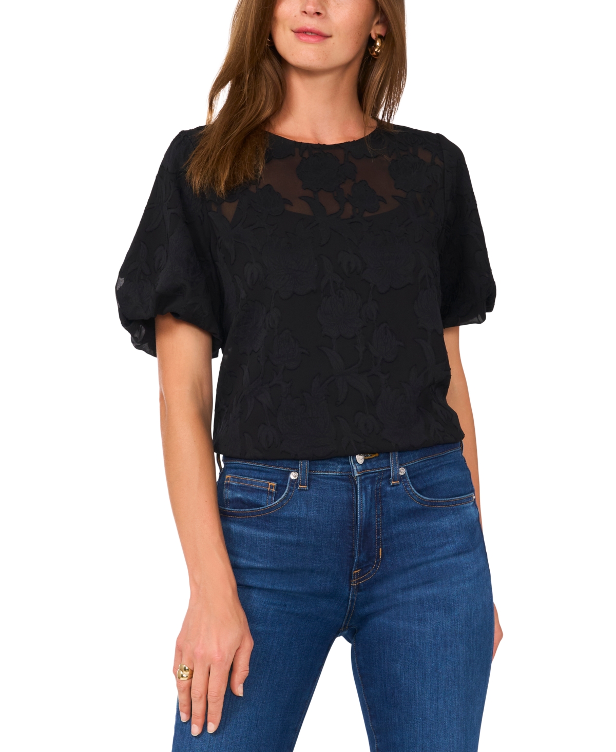 Vince Camuto Women's Floral-Jacquard Puff-Sleeve Top