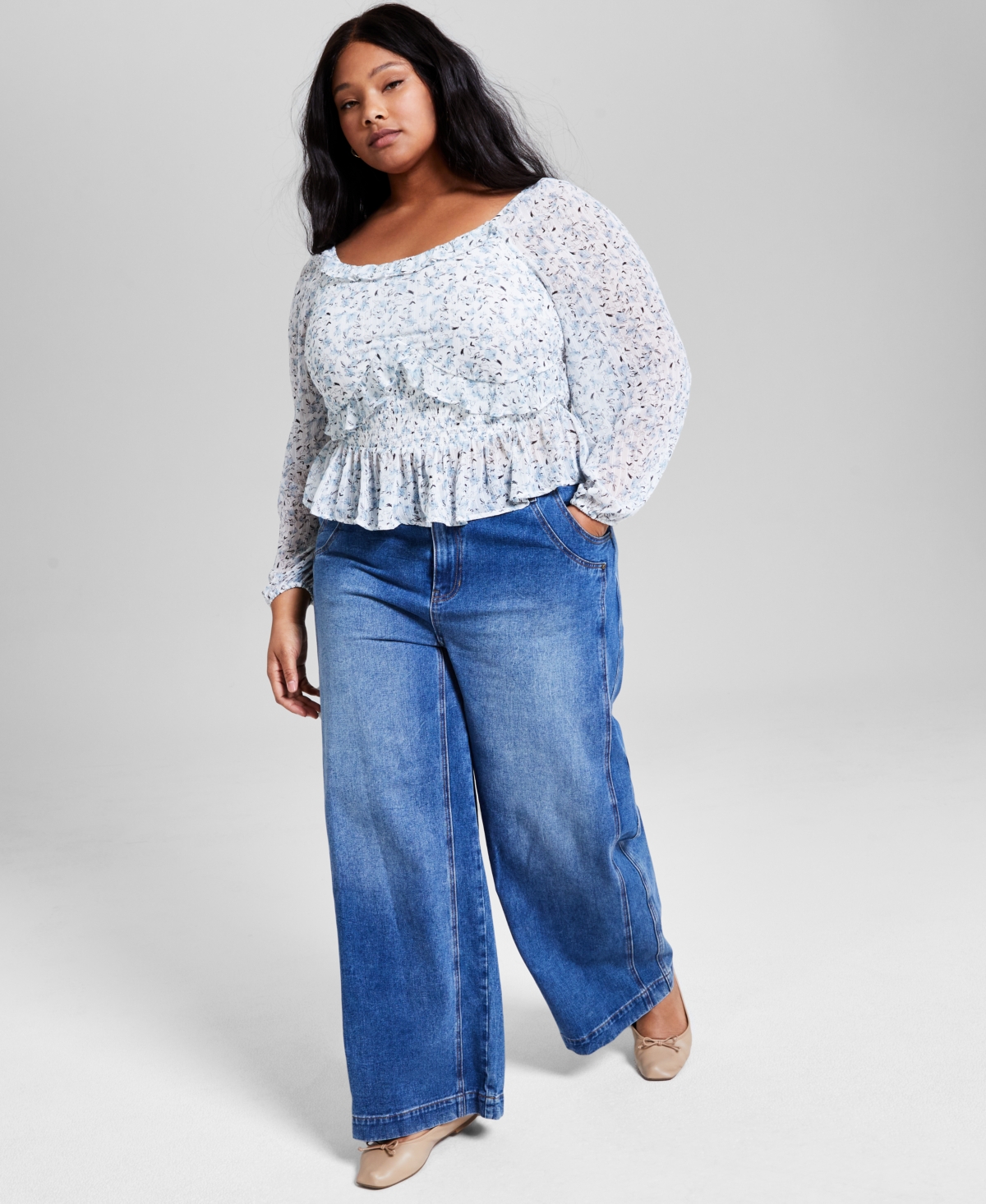 And Now This Trendy Plus Size Printed Ruffled Blouson-sleeve Top, Exclusively At Macy's In Blue Print