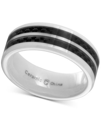 Men's White Ceramic & Double-Row Black Carbon Fiber Inlay Band 