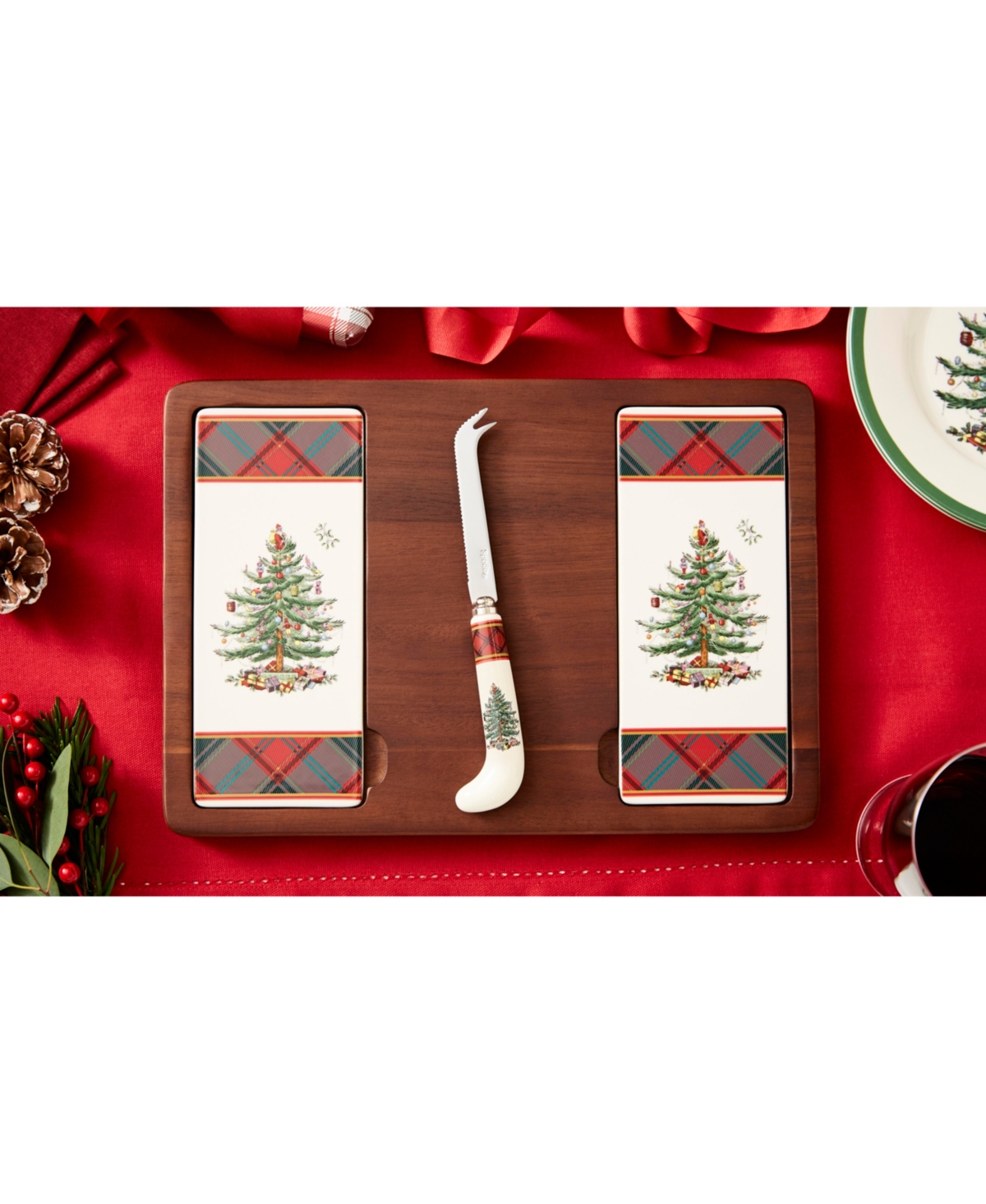 SPODE CHRISTMAS TREE TARTAN CHEESE BOARD KNIFE SET 