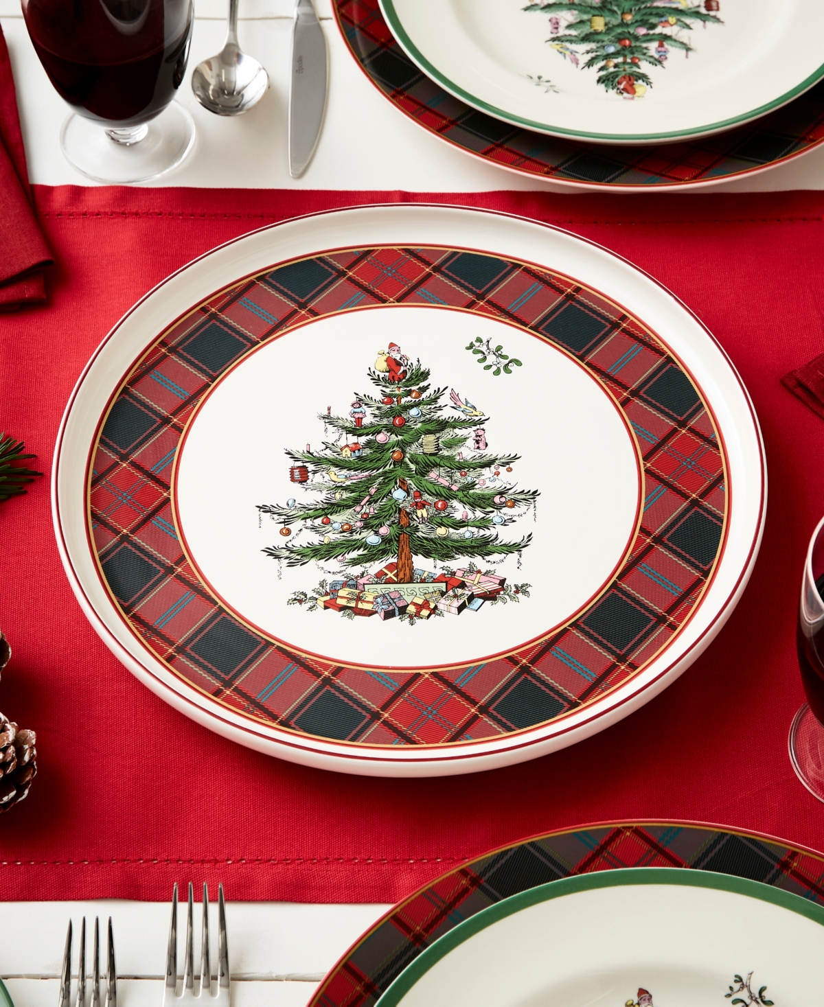 Spode Christmas Tree Tartan Lazy Susan Plate In Green