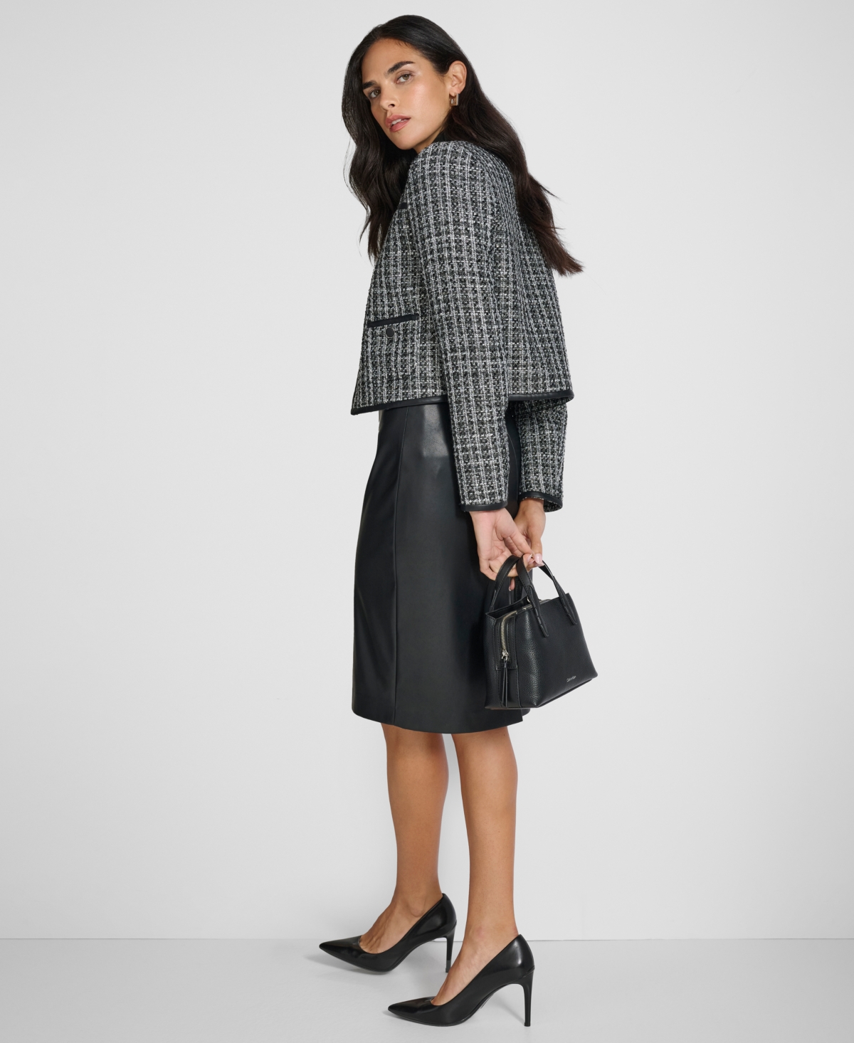 Calvin Klein Women's Faux Leather Trim Tweed Jacket