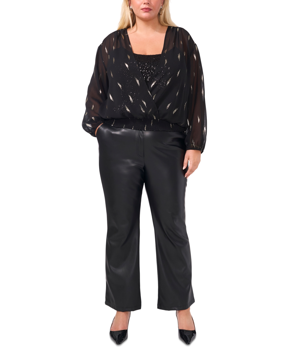 Vince Camuto Plus Size Surplice Long-Sleeve Top with Sequin Camisole