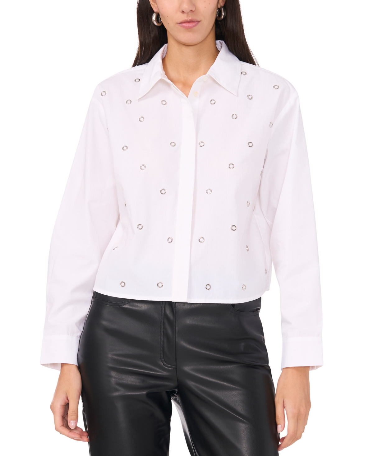 Women's Poplin Grommet-Trim Button-Front Top - Ultra White