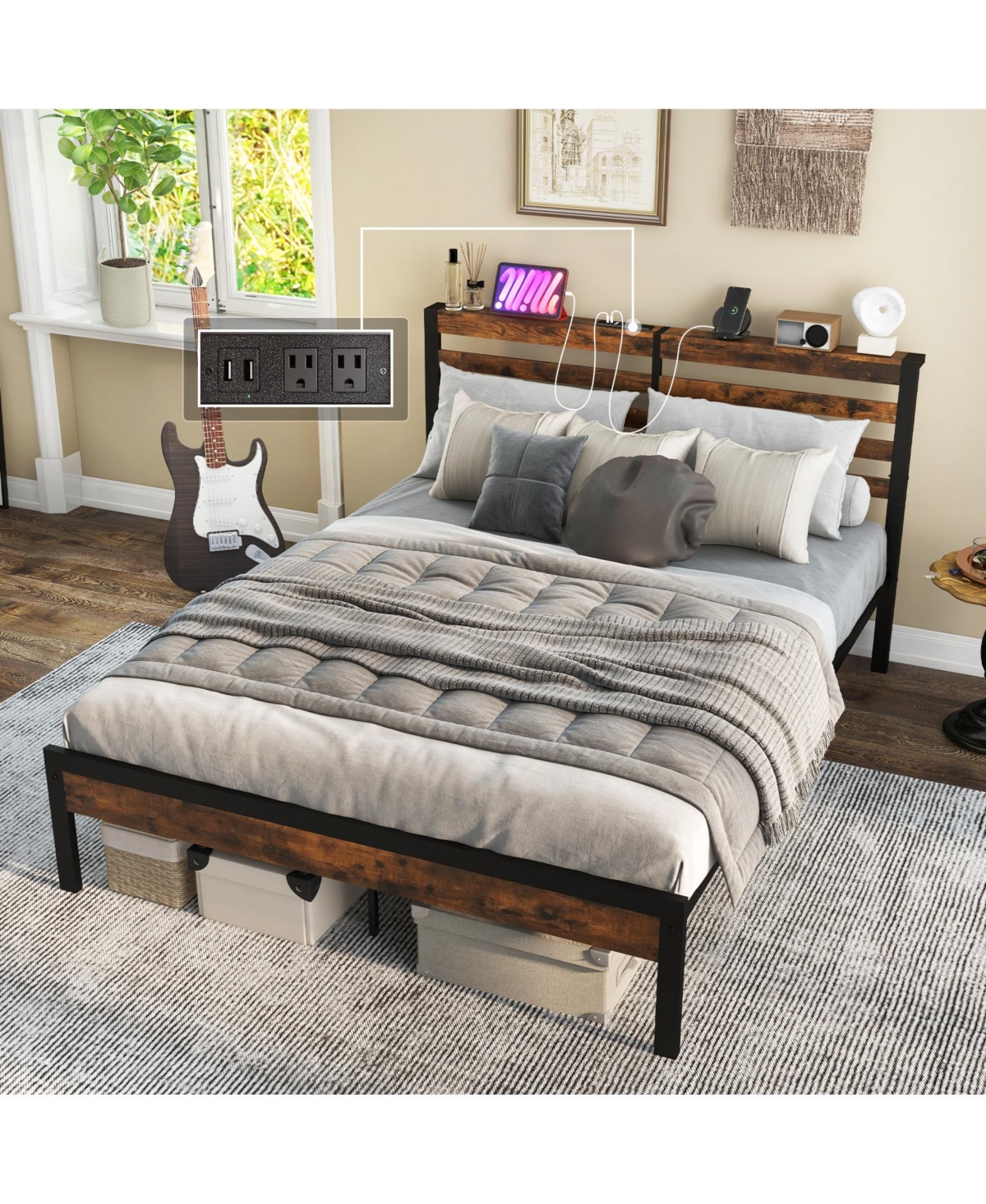 Sugift Full Size Bed Frame with Charging Station and Storage Headboard