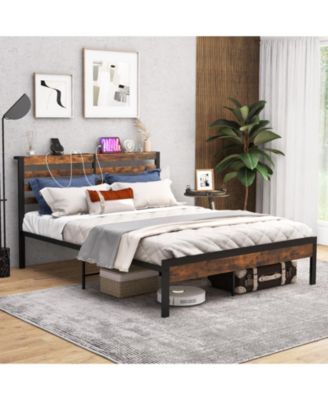 Full Size Bed Frame with Charging Station and Storage Headboard