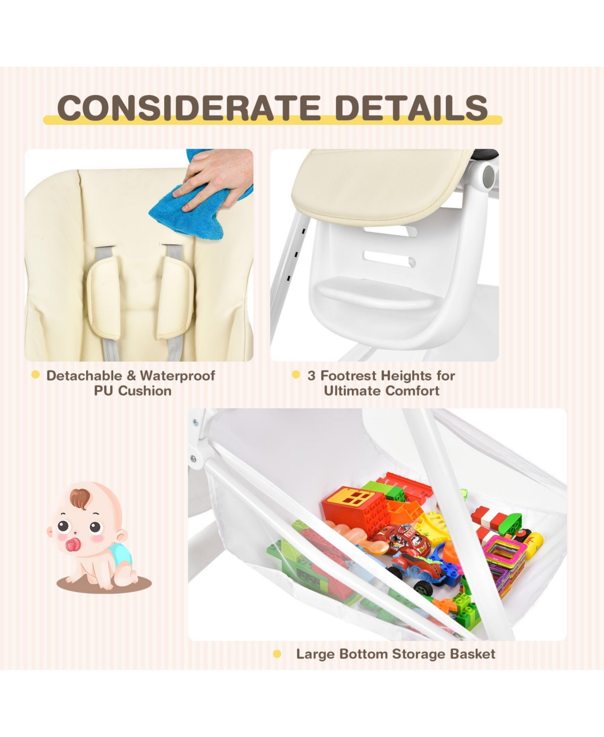 Gouun Baby Convertible Folding Adjustable High Chair with Wheel Tray Storage Basket