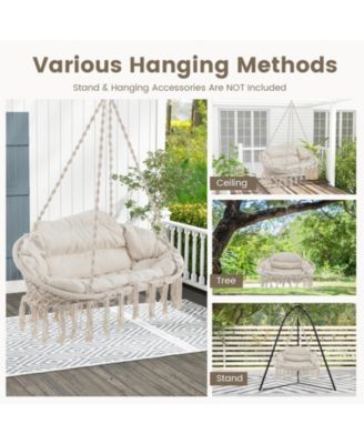 Hand-Woven Rope Hanging Chair with Thick Cushion and Folding Metal Frame