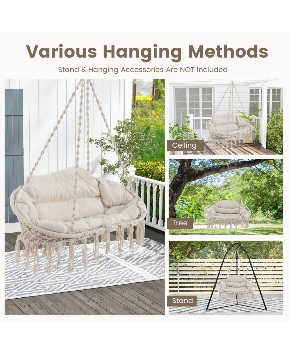 Gouun Hand-Woven Rope Hanging Chair with Thick Cushion and Folding Metal Frame