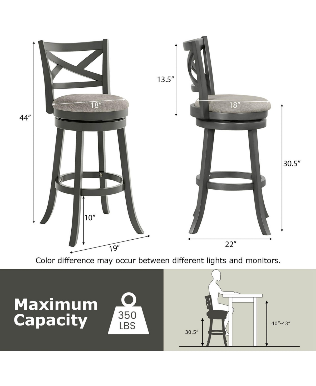 Swivel Bar Stools Set of Bar Height Chairs with Hollow Back Soft-padded Seat