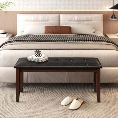 Upholstered PU Dining Room Bench Solid Wood Button Tufted Dining Room Bench