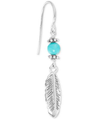 Simulated Turquoise (13mm) & Leaf Linear Drop Earrings in Sterling Silver