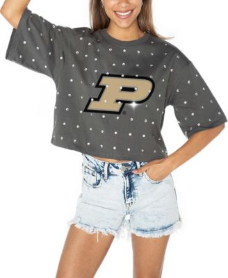 Women's Gray Purdue Boilermakers Go Time Rhinestone Crop T-Shirt