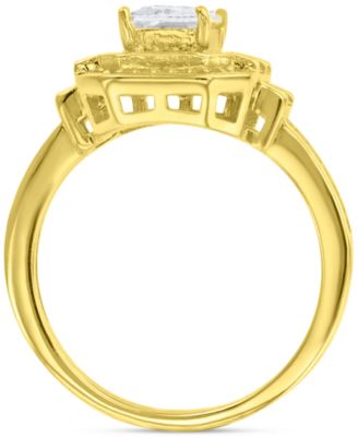 Cubic Zirconia Mixed Cut Halo Statement Ring in 14k Gold-Plated Sterling Silver