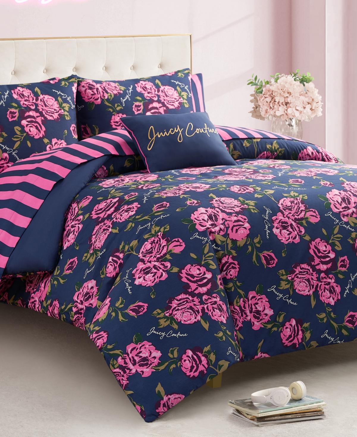 Juicy Couture Rose 8-pc. Comforter Set, Queen In Navy,pink