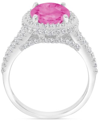 Pink & White Cubic Zirconia Oval Halo Split Shank Ring in Sterling Silver (Also available in Blue)