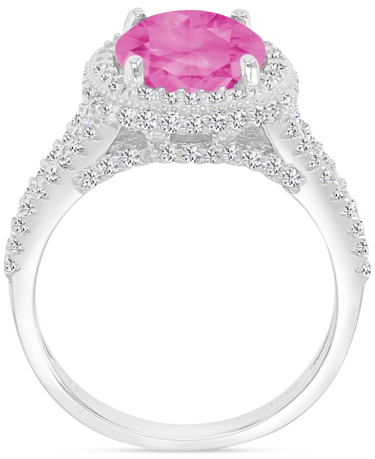 Macy's Pink & White Cubic Zirconia Oval Halo Split Shank Ring In Sterling Silver (also Available In Blue) In Pink