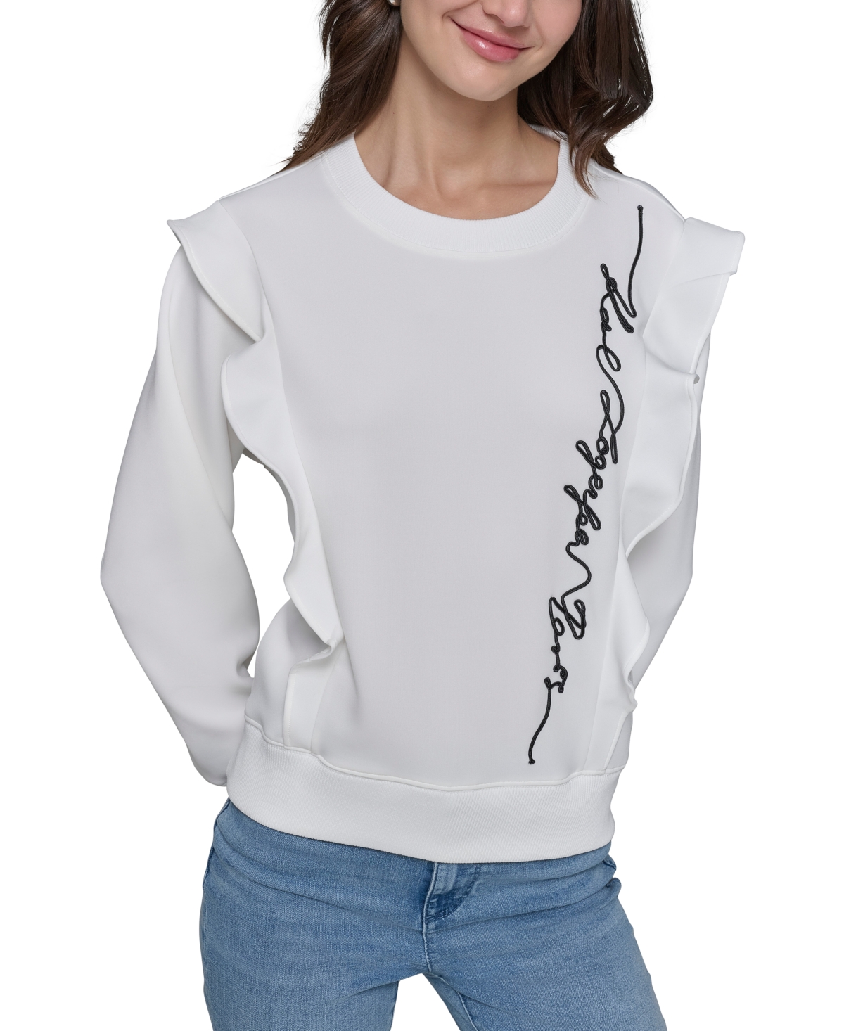 Shop Karl Lagerfeld Women's Ruffle Logo Crewneck Sweatshirt In Soft White