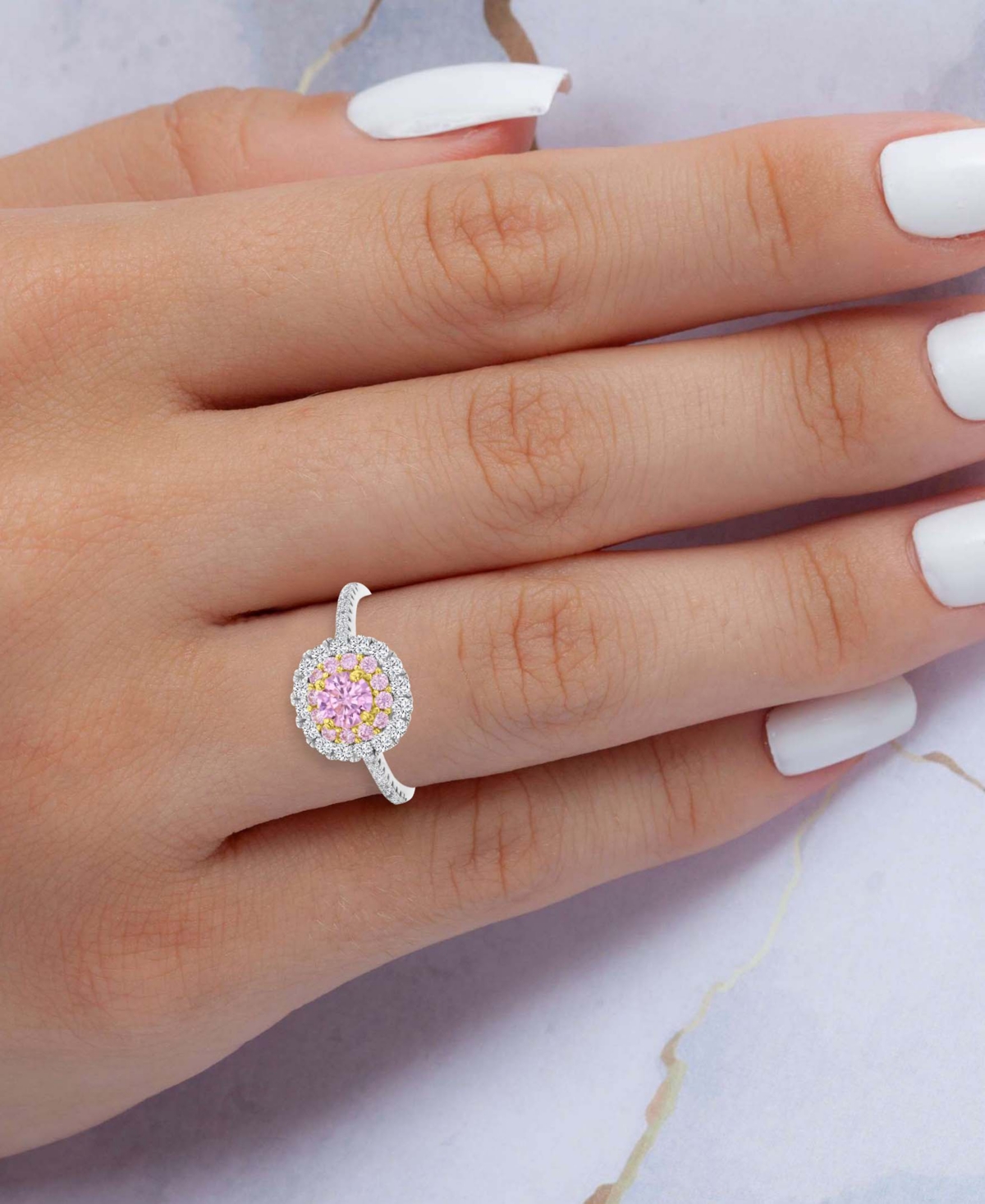 Macy's Pink & White Cubic Zirconia Halo Engagement Ring In Sterling Silver In Silver