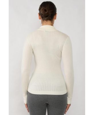Women's Tissue Weight Cashmere Silk Rib-knit Johnny Collar Polo Sweater