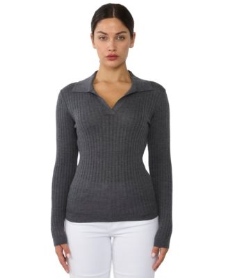 Women's Tissue Weight Cashmere Silk Rib-knit Johnny Collar Polo Sweater