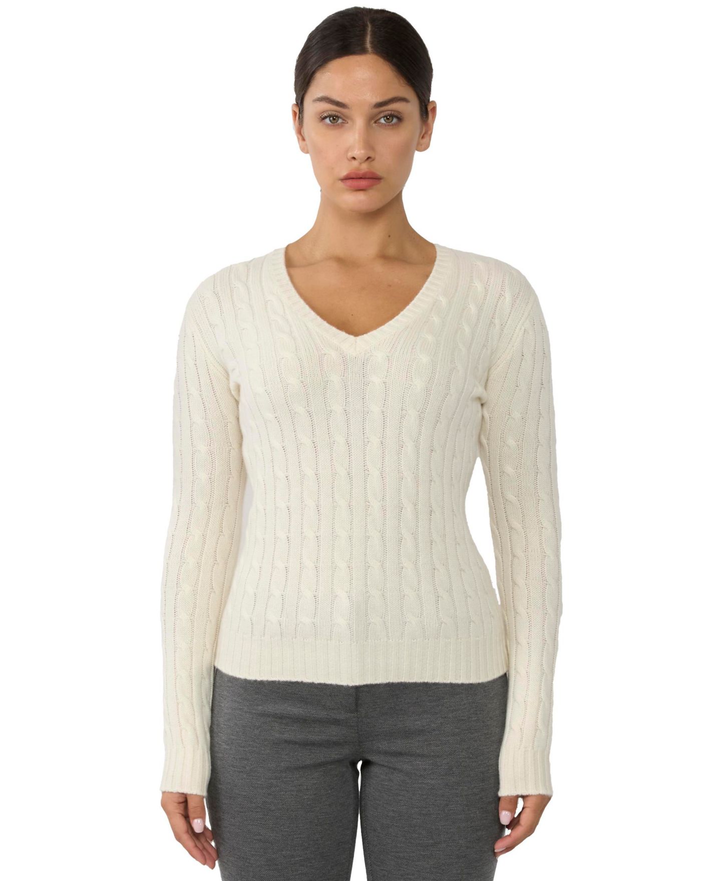 Женский свитер JENNIE LIU 100% Cashmere V-Neck Sweater Chuncky Cashmere Cable-knit Sweaters, цвет: Кремовый — фото 1