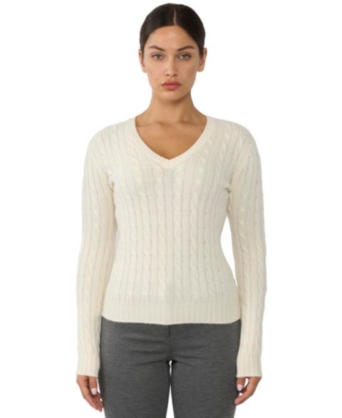 Женский свитер JENNIE LIU 100% Cashmere V-Neck Sweater Chuncky Cashmere Cable-knit Sweaters, цвет: Кремовый