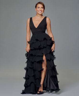 Betsy & Adam Women's Tiered Long V-Neck Gown - Macy's