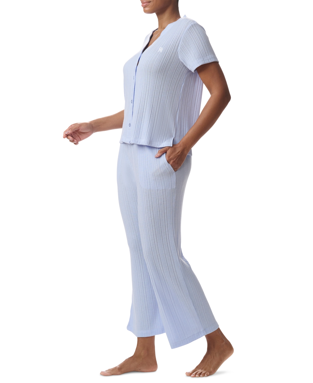 Tommy Hilfiger Women's 2-pc. Th Cardigan Top & Cropped Pants Pajama Set In Sweet Blue
