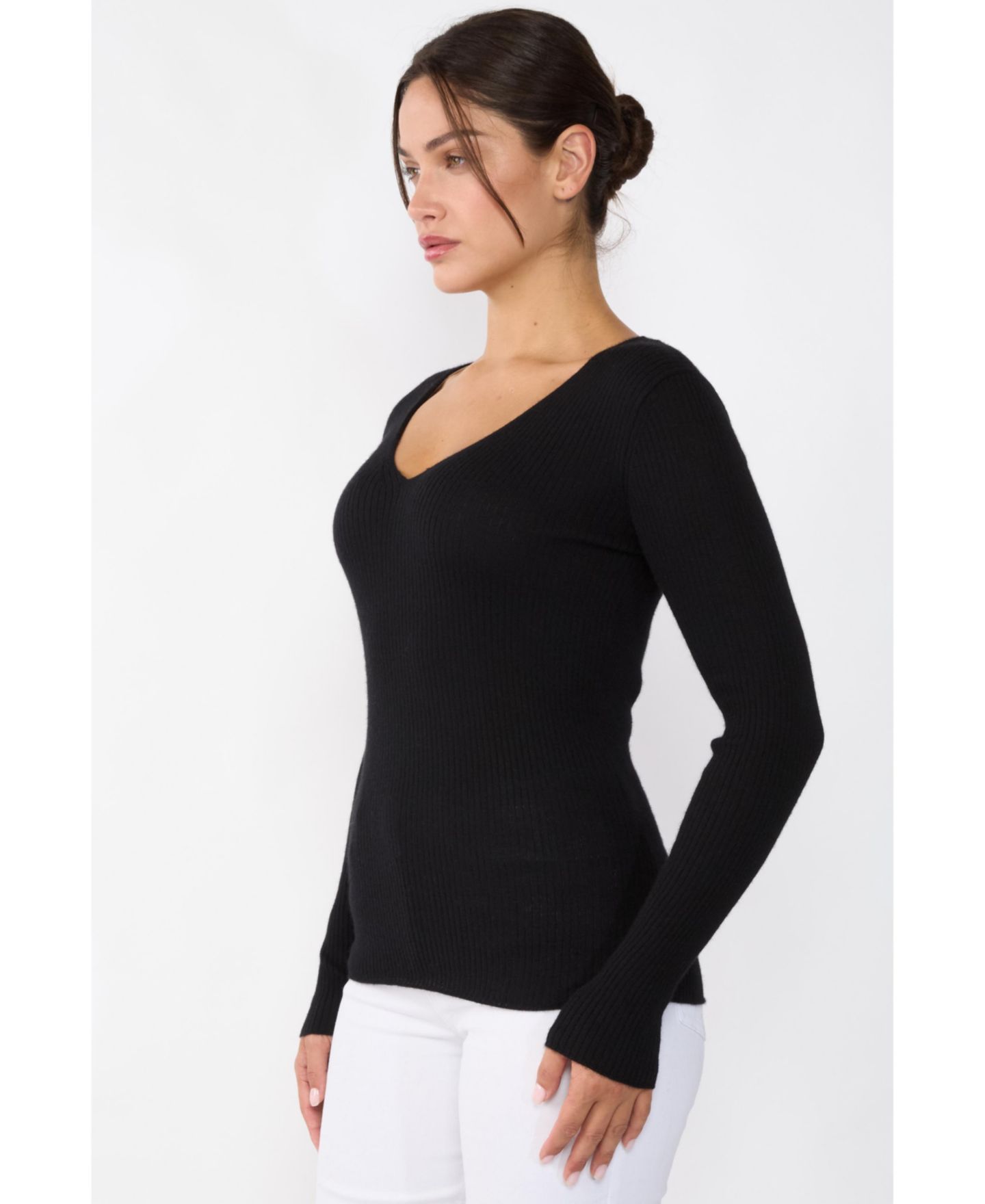 Женский свитер JENNIE LIU 100% Cashmere V-Neck Sweater Ribbed Tissue Weight Cashmere Sweaters, цвет: Чёрный — фото 2