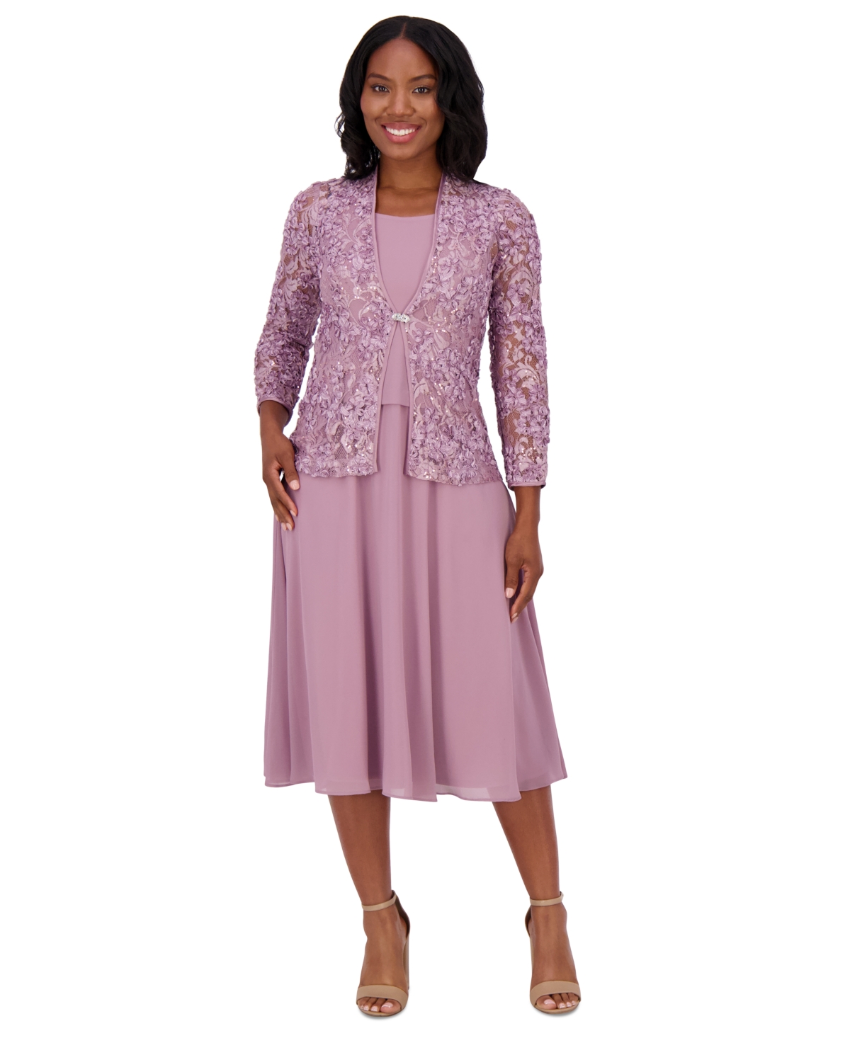 Jessica Howard Petite Lace Jacket & Chiffon Midi Dress Set In Violet