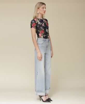 AVEC LES FILLES WOMENS FLORAL PRINT FITTED T SHIRT CUFFED HIGH RISE WIDE LEG JEANS
