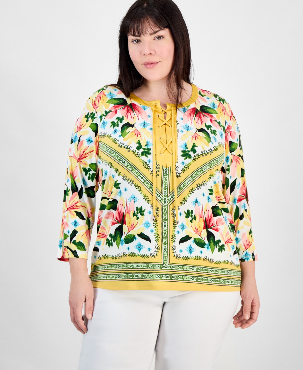 JM COLLECTION PLUS SIZE PRINTED 3/4-SLEEVE TOP, EXCLUSIVELY AT MACY'S 