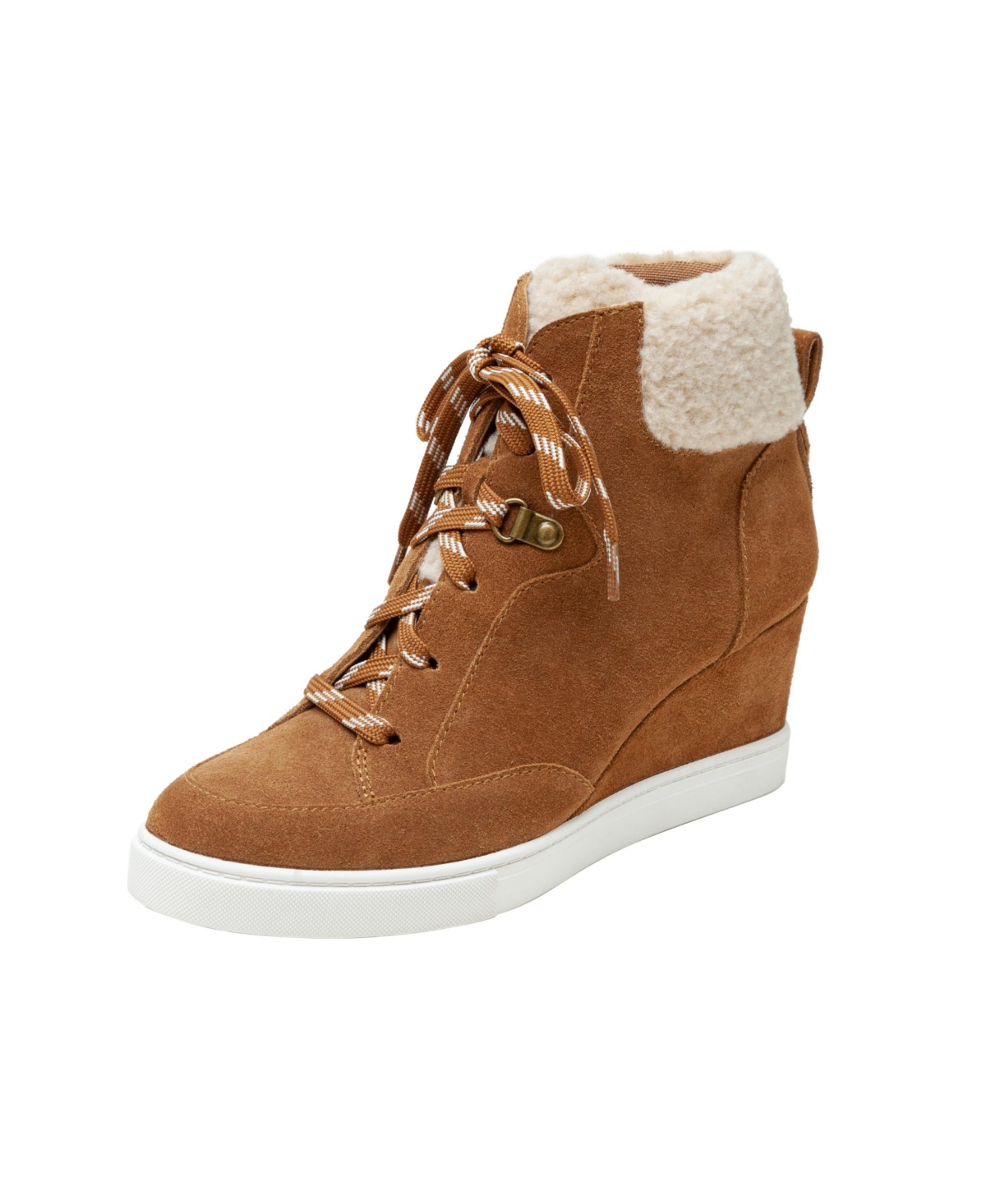 Linea Paolo Arden Faux Shearling Trimmed Wedge Sneakers -ivory suede/fabric