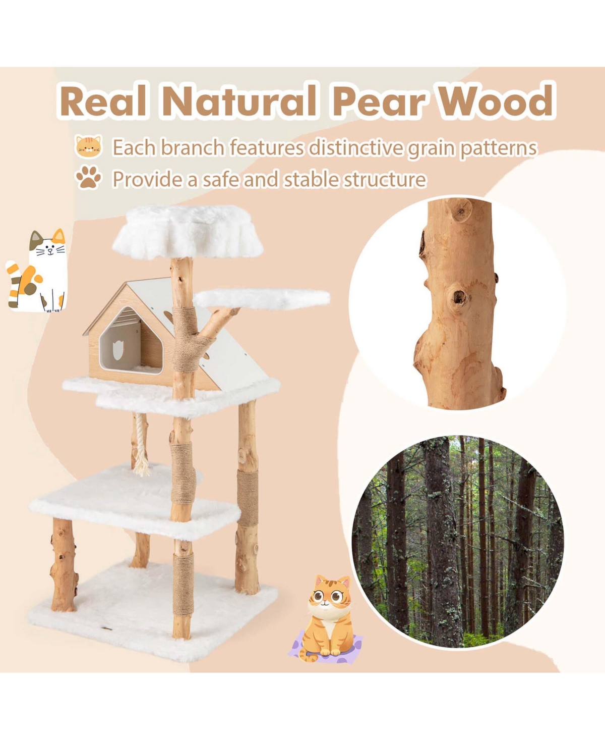 Costway Tall Solid Wood Cat Tree with 2 Perches Condo Jute Scratching Posts Sisal Rope