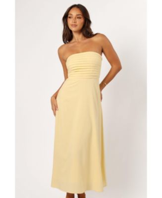 navy blue dress for baby girl Kenna Yellow Satin Strapless Maxi Dress - US 12