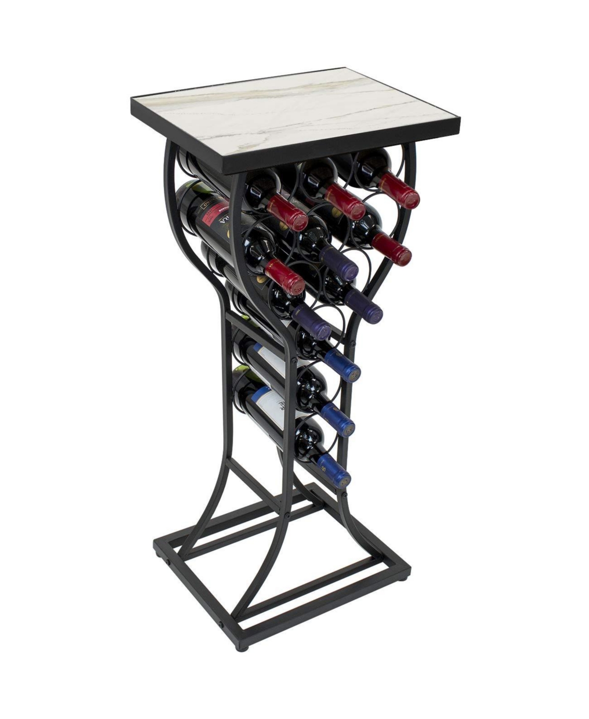 Wine Rack Table - Stylish Storage for 11 Bottles with Faux Marble Top & Conversation-Starting Design (Marble White) - White