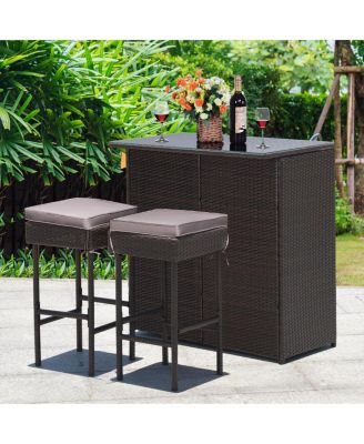 3 Pieces Patio Rattan Wicker Bar Table Stools Dining SetOff