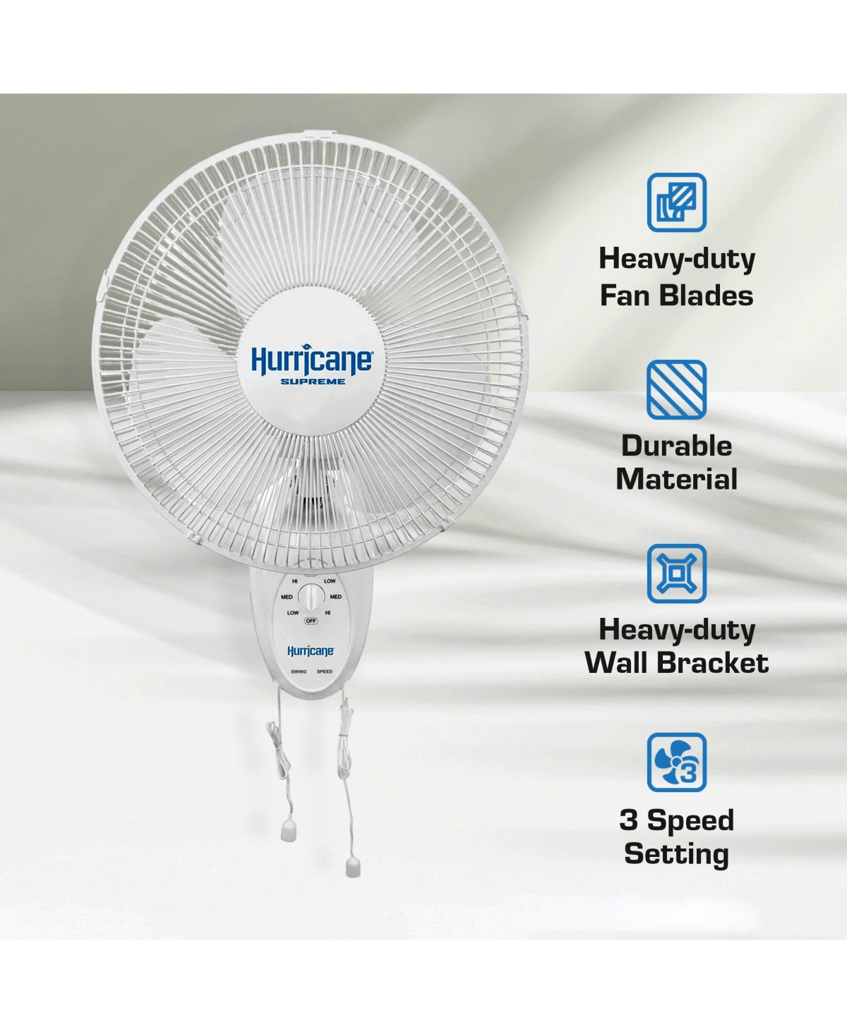 Hurricane Supreme 12 Inch Oscillating 3 Speed Portable Wall Mount Fan, 2 Pack