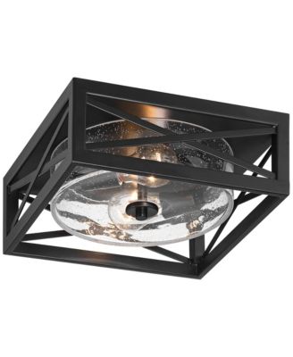 Drake 12" Modern Industrial Flush-Mount Ceiling Light Fixture Kitchen Foyer Hallway Round 2-Light Black Clear Seeded Glass Metal Bedroom Bathroom Entryway Living Room Indoor Mini