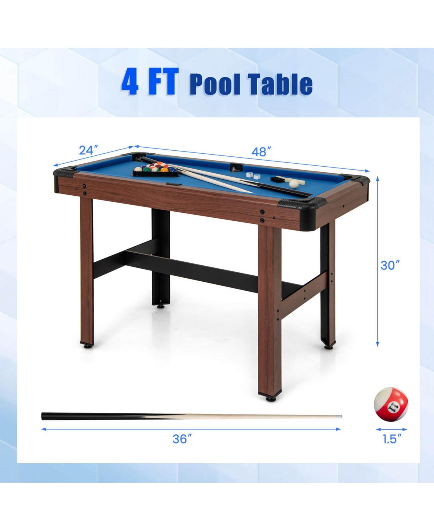 Детские игрушки Costway 48" Pool Table for Kids Adults with Full Set of Balls 2 Cue Sticks 2, цвет: Синий — фото 2