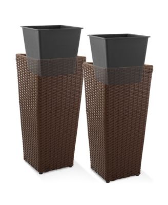 Set of 2 All-Weather Outdoor Planters with Liners - Espresso, Tall Tapered Plant Boxes with Flower Pots