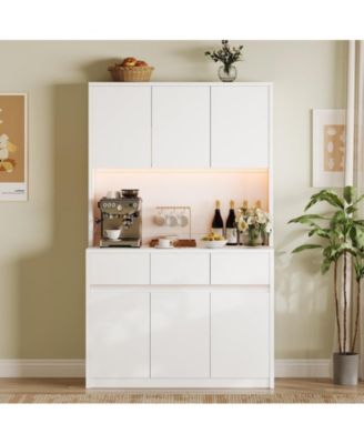 71" Kitchen Pantry Cabinet with LED Lights, Power Outlets, Adjustable Shelves & Microwave Stand – Freestanding Storage Hutch.